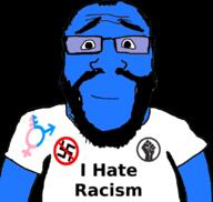 arm balding beard black_lives_matter blue_skin calm closed_mouth clothes glasses raised_fist_(symbol) soyjak subvariant:science_lover swastika text tranny tshirt variant:markiplier_soyjak // 830x785 // 182.2KB