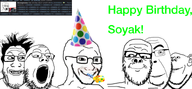4chan birthday faceapp int_(4chan) looking_to_the_left party_blower party_hat smile the_swede variant:a24_slowburn_soyjak variant:cobson variant:gapejak variant:impish_soyak_ears variant:markiplier_soyjak variant:soyak // 800x371 // 186.3KB