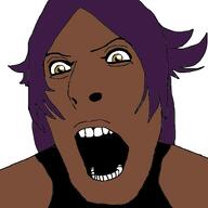 anime black_skin female purple_hair teeth teeth_showing variant:cobson yellow_eyes // 400x400 // 84.9KB