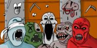 blindfold corpse drawing drawn_background flies looking_at_you monster mouth_open multiple_soyjaks skeleton soyjak_quintet teeth_showing the_binding_of_isaac variant:et variant:gapejak variant:markiplier_soyjak variant:tony_soprano_soyjak // 2388x1193 // 536.2KB