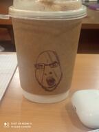 angry beverage cup glasses irl open_mouth redraw soyjak stubble text traditional_media variant:cobson // 3120x4160 // 2.2MB