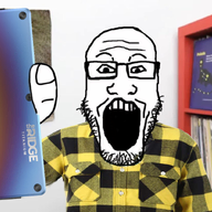 anthony_fantano clothes glasses hand holding_object irl_background open_mouth ridge_wallet soyjak stubble variant:markiplier_soyjak wallet yellow_shirt youtube youtuber // 1469x828 // 1.5MB