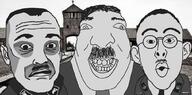 3soyjaks adolf_hitler auschwitz background black_and_white clothes cookie dirlewanger ear eye_bags glasses hair heinrich_himmler kike_trio moustache nazism oreo smile subvariant:shortnose suit variant:israeli_soyjak variant:longnose variant:nojak // 1010x500 // 135.1KB