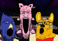3soyjaks animal anthro battlefield bird blue_skin cat ear falco_lombardi fox_mccloud furry glasses katt_monroe melee nintendo no_nose open_mouth pink_skin pokemon snout soyjak soyjak_trio star_fox stubble super_smash super_smash_bros super_smash_bros_melee tourneyfag variant:gapejak variant:markiplier_soyjak variant:tony_soprano_soyjak video_game yellow_skin // 1633x1165 // 295.8KB