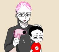 arm base closed_mouth clothes ear glasses hair hair_dryer hand holding_object hoodie pink_hair soiboi soyjak stubble tshirt variant:bernd variant:chudjak // 317x281 // 11.4KB