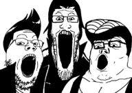 3soyjaks clothes delinquent glasses hair open_mouth soyjak stubble trend:soyjak_trio variant:gapejak variant:markiplier_soyjak variant:tony_soprano_soyjak // 828x581 // 114.0KB