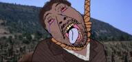 bloodshot_eyes brown_hair clothes crying glasses hair hanging movie mustache open_mouth rope soyjak stubble suicide the_good_the_bad_and_the_ugly tongue tuco_ramirez variant:bernd yellow_teeth // 1679x784 // 935.4KB