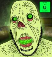 actinides chemistry clenched_teeth element ghoul glowing glowing_eyes green_eyes green_skin no_nose radiation soyjak stubble text uranium variant:cobson vein wrinkles // 775x849 // 442.8KB