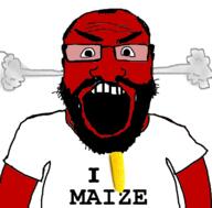 angry balding beard clothes corn food fume glasses hair i_love open_mouth red_skin soyjak subvariant:science_lover text tshirt variant:markiplier_soyjak vegetable // 800x789 // 169.3KB