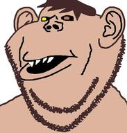 amerimutt black_eyes brown_hair ear eduardo hair heterochromia lips missing_teeth namefags open_mouth sharp_teeth shirtless soyjak stubble subvariant:impish_amerimutt tan_skin teeth variant:impish_soyak_ears white_background // 598x628 // 46.9KB