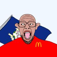 amerimutt beard black_sclera brown_skin clothes connecticut ear flag glasses looking_at_you mcdonalds open_mouth soyjak united_states variant:patriotjak // 1023x1023 // 84.1KB