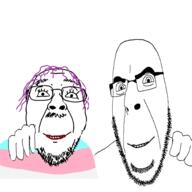 2soyjaks closed_mouth friendship glasses hand mustache purple_hair smile soyjak stubble tranny variant:bernd variant:cobson // 3000x3000 // 1.8MB
