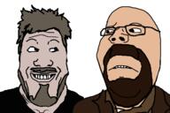 2soyjaks are_you_soying_what_im_soying breaking_bad closed_mouth clothes frown glasses goatee grey_hair grin hair jesse_pinkman looking_at_each_other mustache soyjak tv_show variant:gapejak variant:markiplier_soyjak walter_white // 1200x800 // 154.3KB