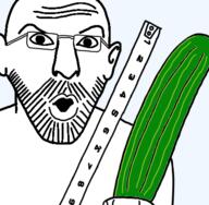 cucumber ear glasses hand holding_object mustache open_mouth ruler soyjak stubble thrembo variant:56jak // 427x417 // 52.7KB