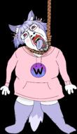 arm bloodshot_eyes blue_hair blush clothes crying fangs female full_body furry glasses hair hand hanging leg open_mouth rope soyjak stubble suicide tail tongue tranny variant:bernd vtuber w woohoolad yellow_teeth // 1375x2392 // 436.6KB