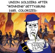 1685 american_civil_war battle_of_gettysburg closed_mouth cup fire flag:united_states gettysburg_pennsylvania glasses horse mustache pennsylvania sipping_coffee soldier stubble union united_states variant:cobbert war // 894x855 // 786.4KB