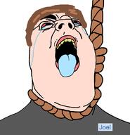 ahegao anhero brown_hair glasses grey_shirt hanging joe_mama joel_(user) lips mustache open_mouth rope soybooru variant:hydejak white_skin // 770x800 // 64.5KB