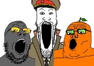 3soyjaks clothes collar_tabs communism epaulettes froot glasses grey_skin hammer_and_sickle hat kuz military_uniform open_mouth orange_skin soot soot_colors soviet_army_uniform soyjak soyjak_party stem stretched_mouth stubble trend:soyjak_trio variant:gapejak variant:markiplier_soyjak variant:tony_soprano_soyjak // 828x581 // 48.7KB