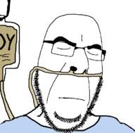 closed_eyes closed_mouth clothes glasses hospital intravenous_drip nasal_cannula soy soyjak stubble text variant:cobson // 756x744 // 63.3KB