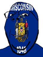blue_skin flag flag:wisconsin glasses looking_at_you smile soyjak stubble subvariant:wholesome_soyjak text united_states variant:gapejak white_background wisconsin // 582x772 // 55.4KB