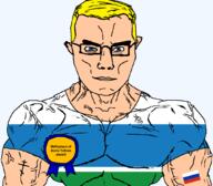 arm award blue_eyes boris_yeltsin buff christianity closed_mouth clothes eastern_orthodox flag flag:russia flag:sverdlovsk_oblast glasses hair oblast orthodox_cross russia soyjak subvariant:chudjak_front subvariant:muscular_chud sverdlovsk_oblast text transparent transparent_background tshirt variant:chudjak vein yellow_hair // 1059x929 // 54.9KB