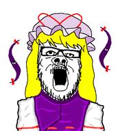 anime bow clothes female glasses hair mustache open_mouth soyjak stubble touhou variant:a24_slowburn_soyjak video_game yakumo_yukari yellow_hair // 662x750 // 16.5KB