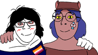 2soyjaks black_hair blue_hair blush closed_mouth clothes dress eyebrows female femjak flag:lesbian_pride_flag flag:transgender_pride_flag glasses hair hand hand_on_shoulder jimbo_(namefag) long_hair looking_at_you meta:namefags moistpepper_(user) niko_(oneshot) no_more_brother_wars nose queen_of_spades red_eyes series:trios_&_duos subvariant:female_cobson subvariant:female_feraljak transparent_background variant:cobson variant:feraljak woman // 1920x1080 // 52.8KB