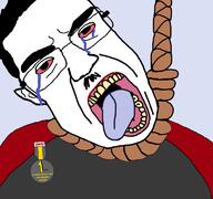 badge bloodshot_eyes clothes crying ear glasses hair hanging mustache nate open_mouth rope soot_colors soyjak subvariant:patrick suicide text tongue variant:chudjak yellow_teeth // 768x719 // 259.5KB