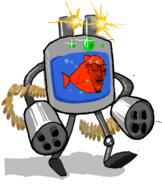 animal bubble fish fish_tank full_body glasses gun mecha red_skin robot scared shooting soyjak sparkle stubble subvariant:soyak_(concerned) variant:soyak water // 447x531 // 115.8KB