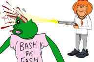 bowtie clothes collared_shirt frog gore mymy_(ongezellig) ongezellig orange_hair orange_skin pepe shoe shotgun text tshirt variant:impish_soyak_ears // 2999x2000 // 1.3MB