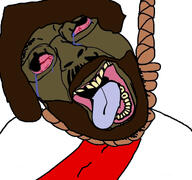 bloodshot_eyes brown_hair brown_skin brown_troonjak christcuck christianity crying derp distorted glasses hanging jesus meta:this_is_muhammad nigger open_mouth rope smile soyjak stubble tranny variant:bernd // 768x719 // 274.9KB