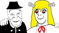 2soyjaks closed_mouth female femjak franken_fran hair happy horn madaraki_fran madaraki_veronica neutral no_more_brother_wars red_eyes smile soyjak stubble subvariant:commiepedotroon variant:feraljak variant:kuzjak yellow_hair // 1920x1080 // 238.7KB