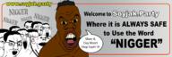 anger_mark angry black brown_skin closed_mouth ear glasses hair looking_at_you meta:banner multiple_soyjaks nigger niggermania nogjak open_mouth smirk smug soyjak_party speech_bubble stubble subvariant:chudjak_front subvariant:feralnigger text tyrone variant:chudjak variant:feraljak variant:impish_soyak_ears yellow_sclera yellow_teeth // 3000x1000 // 580.2KB