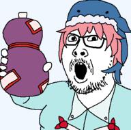 anime arm bottle clothes glasses hand hat holding_object meta:tagme okunoda_miyoi open_mouth pink_hair soyjak stubble touhou variant:medsjak video_game whale // 365x362 // 34.6KB