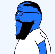 beard blue_skin calm glasses hair side_profile smile subvariant:science_lover variant:markiplier_soyjak white_shirt // 800x789 // 10.3KB