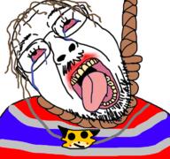 bloodshot_eyes brown_hair chris-chan crying hair mustache necklace open_mouth rope sonichu soyjak suicide tongue variant:bernd // 768x719 // 504.7KB