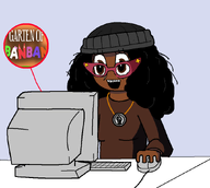 afro beanie black_lives_matter black_skin brown_eyes clothes computer female game gaming garten_of_banban glasses hair happy keyboard mouse_(computer) necklace open_mouth subvariant:soyniqua sweater variant:soytan // 870x780 // 67.8KB
