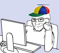 arm chair clothes computer glasses hand propeller_hat screen smug soyjak stubble table variant:soyak // 442x397 // 106.7KB