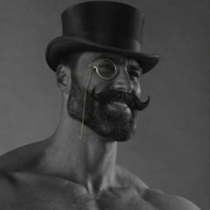 beard clavicle clothes ear eyewear giga gigachad gigachap grey_skin greyscale hair handlebar hat monochrome monocle nas:gigachad smile top_hat
