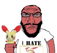 angry arm beard closed_mouth clothes glasses hand holding_object i_hate plusle pokemon punisher_face red_skin stencil_font subvariant:science_lover text tshirt variant:markiplier_soyjak // 989x931 // 184.2KB