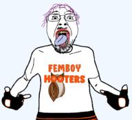 arm clothes femboy glasses glove hair hand hooters mustache open_mouth pointing purple_hair soyjak stubble tongue tranny tshirt variant:bernd variant:shirtjak // 1000x905 // 178.3KB