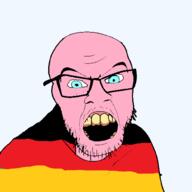 angry blue_eyes clothes country flag flag:germany germany glasses mustache open_mouth soyjak stubble variant:feraljak white_skin yellow_teeth // 1000x1000 // 78.1KB