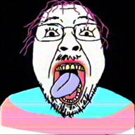 clothes glasses hair mustache open_mouth purple_hair soyjak stubble tranny variant:bernd vhs // 566x562 // 640.4KB