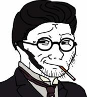 cigarette closed_mouth clothes glasses hair max_stirner necktie round_glasses smoking smug soyjak stubble variant:wojak // 1080x1205 // 486.5KB