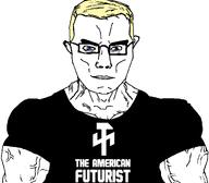 arm aryan blue_eyes buff closed_mouth clothes ear glasses hair soyjak subvariant:chudjak_front subvariant:muscular_chud the_american_futurist tshirt variant:chudjak vein yellow_hair // 1059x929 // 93.1KB