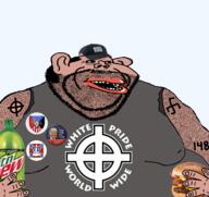 1488 amerimutt badge balding black_sclera cap celtic_cross clothes donald_trump ear fat flag:confederate_states_of_america flag:united_states ford gray_shirt hairy hamburger hand hat holding_object middle_finger mountain_dew mustache national_socialist_movement nazism obese open_mouth pink_skin redneck stubble subvariant:impish_amerimutt swastika variant:impish_soyak_ears white_nationalism white_pride // 1675x1583 // 840.3KB