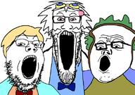 3soyjaks bloodshot_eyes bowtie clothes glasses goggles green_hair hair open_mouth pbs soyjak stubble trend:soyjak_trio tuxedo tv_(4chan) variant:gapejak variant:markiplier_soyjak variant:tony_soprano_soyjak white_hair wordgirl yellow_hair // 828x581 // 133.8KB