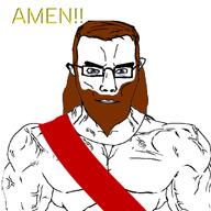 amen beard brown_hair christianity closed_mouth clothes ear glasses jesus jesus_christ love muscles muscular_male smile soyjak subvariant:muscular_chud text variant:chudjak // 1080x1080 // 281.5KB