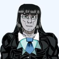 artist:Rhubarb_15 blue_eyes blue_tie breasts clothes drawfag eyelashes female glasses grey_skin muscles smile stitched_mouth subvariant:muscular_chud suit variant:chudjak // 1280x1280 // 558.5KB