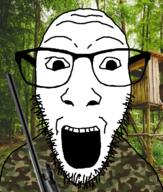 camo camouflage forest glasses hunting irl_background open_mouth shotgun soyjak stubble variant:dylanjak // 552x650 // 497.1KB